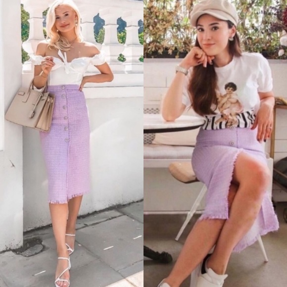 Zara Dresses & Skirts - ZARA SS19 LILAC TWEED RHINESTONE BUTTON MIDI SKIRT